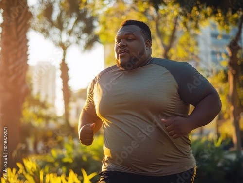 dynamic scene of an overweight man energetically running, determined expression on his face, sweat glistening, amidst a vibrant city park, emphasizing health and fitness transformation