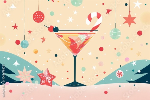 Festive holiday cocktail illustration with candy cane and stars photo