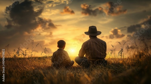 Farmer and young son standing in scenic sunset field, capturing fatherhood and rural life in a countryside agricultural landscape, ideal for farming, family bonding, and country living themes photo