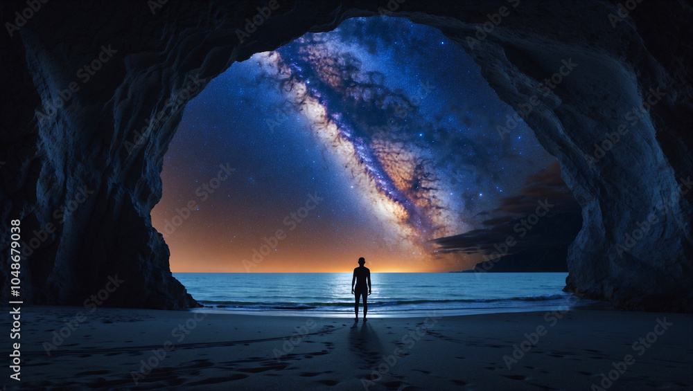 Fototapeta premium Digital artwork showcasing a serene beach scene with a person silhouetted against the breathtaking Milky Way galaxy