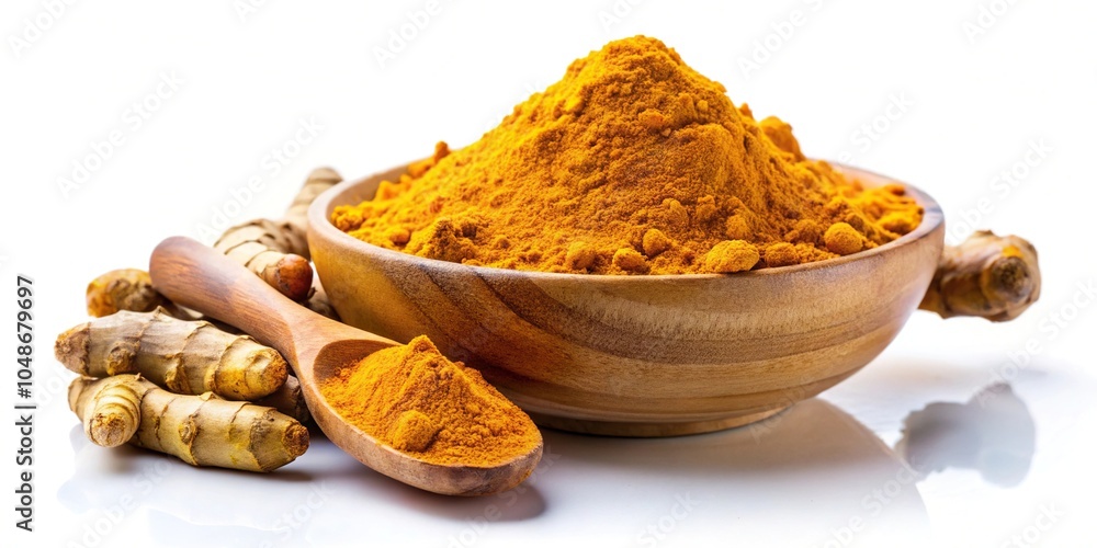 Turmeric powder and root layout on white background silhouette Turmeric powder and root layout on white background silhouette