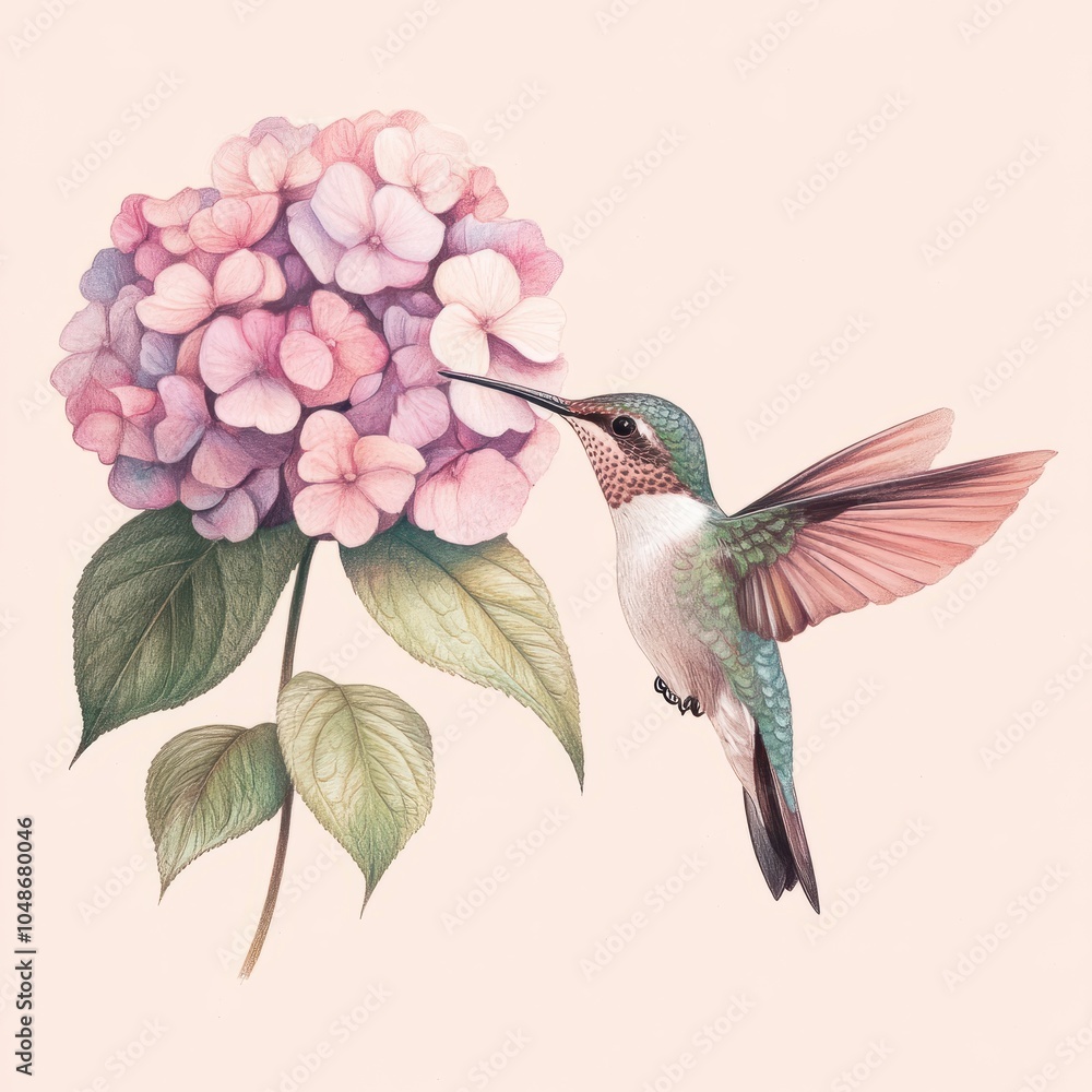Naklejka premium Hummingbird Approaching Pastel Hydrangea Illustration
