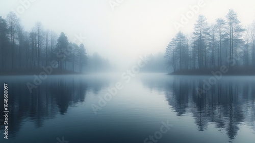 A mist-covered lake reflects bare trees and a muted horizon. The quiet, ethereal atmosphere feels peaceful yet mysterious in the dense fog