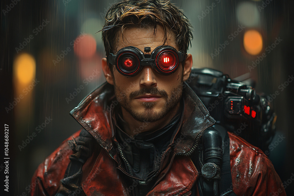 A rugged man in a red, weathered jacket, futuristic goggles glowing with red light, standing in the rain with a hardened expression A rugged man in a red, weathered jacket, futuristic goggles glowing with red light, standing in the rain with a hardened expression