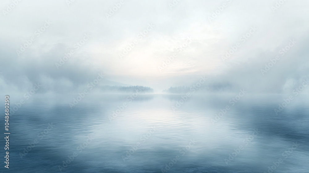 A serene view of a fog-covered horizon where the water merges seamlessly into the mist, blurring the boundary between sky and earth A serene view of a fog-covered horizon where the water merges seamlessly into the mist, blurring the boundary between sky and earth