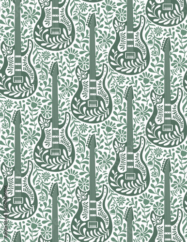 boho chic electric guitar decorated with floral botanical elements seamless pattern in dusty viridian, vector illustration repeat design print