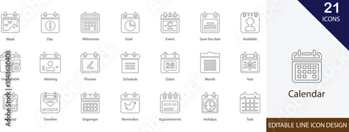 Calendar line  icon set. with clock, period, note, future,  past, payday and more stroke  icons