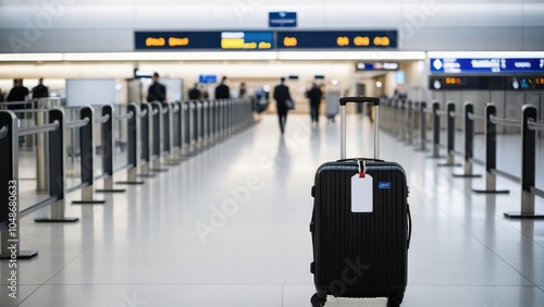 A travel suitcase positioned in the heart of a modern airport terminal, capturing the essence of travel, organization, and anticipation before the flight.