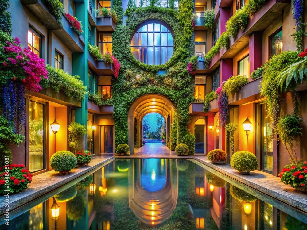 Fototapeta premium Surreal Entrance to an Apartment Complex with Dreamlike Elements and Vibrant Colors