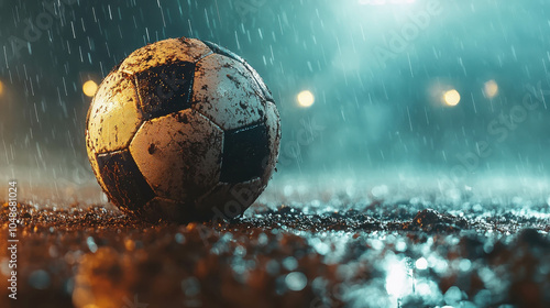 Worn Soccer Ball on Field in Rainy Weather photo