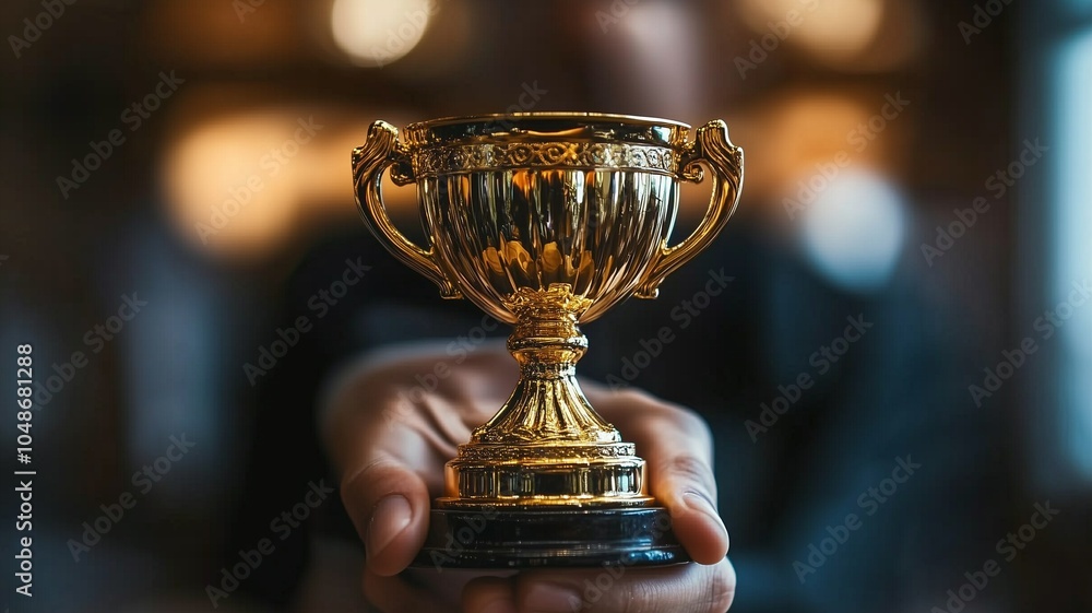Close-Up of Business Award Trophy in Businessman's Hands for Success Concept. Close-Up of Business Award Trophy in Businessman's Hands for Success Concept.