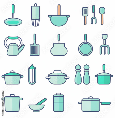 A set of 20 colorful kitchen icons, including a kettle, pan, pot, spatula, and more. photo