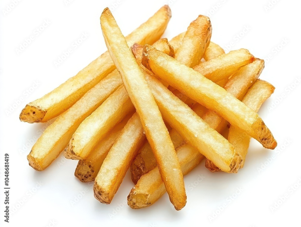 golden fried french fries casting a shadow on a pristine white background, highlighting their crispy texture and mouthwatering appeal as a fast-food staple golden fried french fries casting a shadow on a pristine white background, highlighting their crispy texture and mouthwatering appeal as a fast-food staple