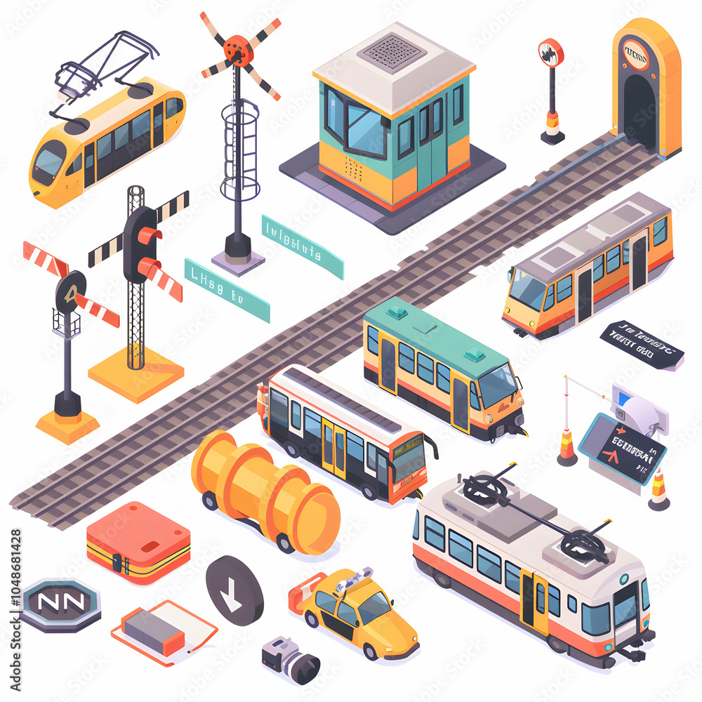 A collection of isometric illustrations depicting various elements of a train station, including trains, tracks, signals, a station building, and a taxi. A collection of isometric illustrations depicting various elements of a train station, including trains, tracks, signals, a station building, and a taxi.