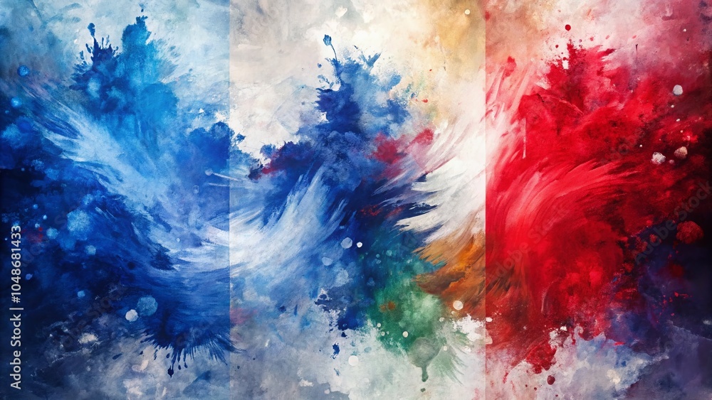 Fototapeta premium Surreal French Flag Art with Brush Strokes and Paint Splashes for Creative Visuals