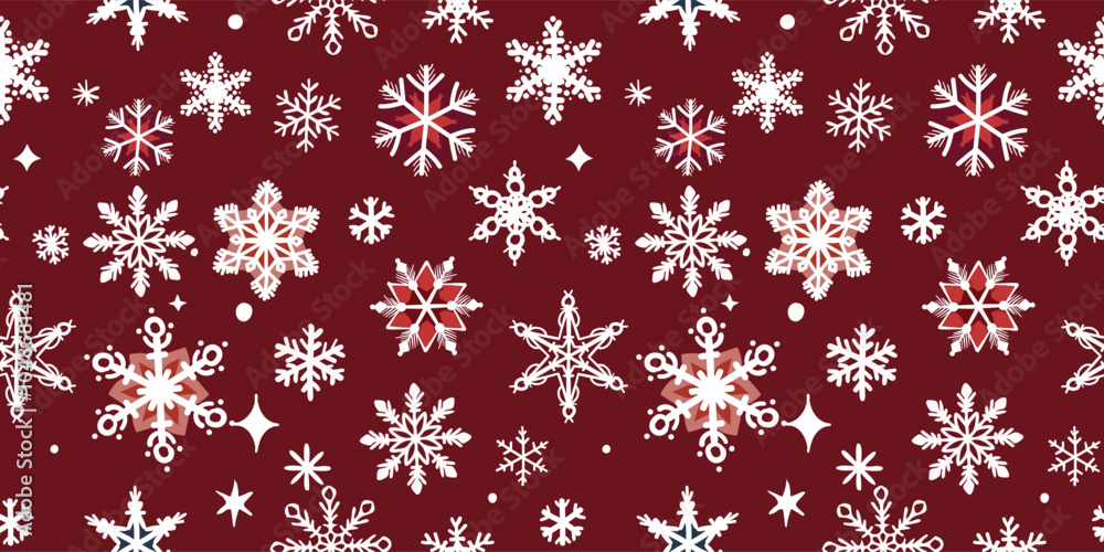 A seamless pattern of hand-drawn snowflakes on a vibrant red background. The snowflakes are intricate and detailed, perfect for a winter-themed design texture. Vector illustration. A seamless pattern of hand-drawn snowflakes on a vibrant red background. The snowflakes are intricate and detailed, perfect for a winter-themed design texture. Vector illustration.