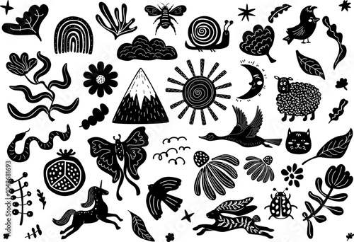 nature linocut style illustration set with rainbow birds rabbit snake moon sun sheep bloom wildflowers mount goose foliage in black and white colors, vector design set photo