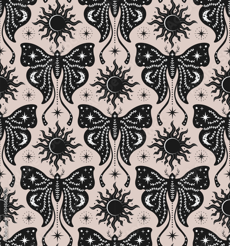 celestial spiritual luna moth seamless pattern in black and white on cream background