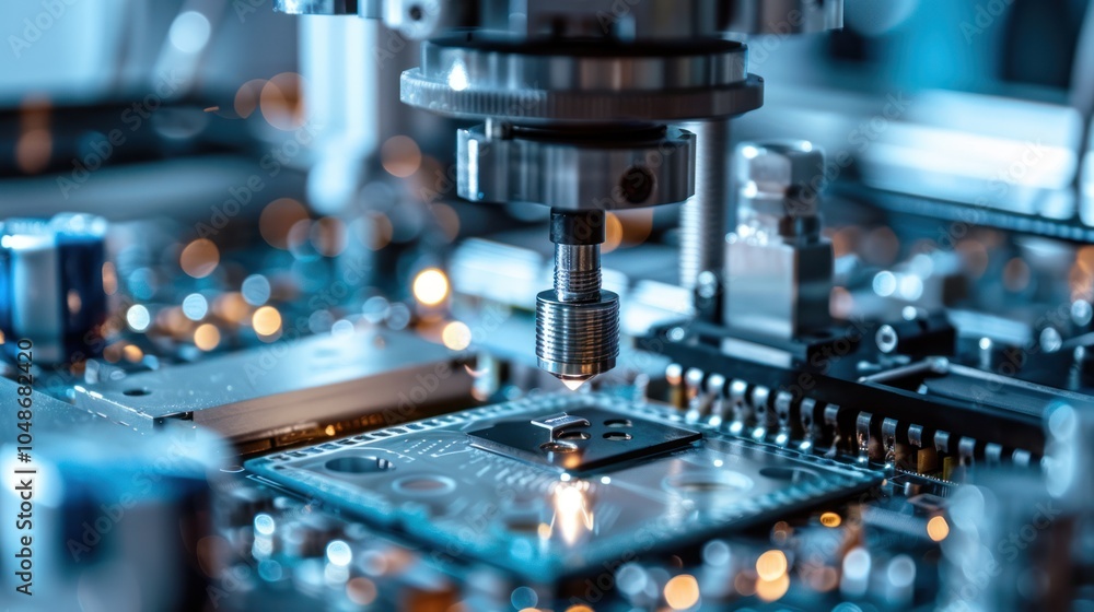 Close-up of a robotic arm placing a component on a circuit board during a manufacturing process. Close-up of a robotic arm placing a component on a circuit board during a manufacturing process.