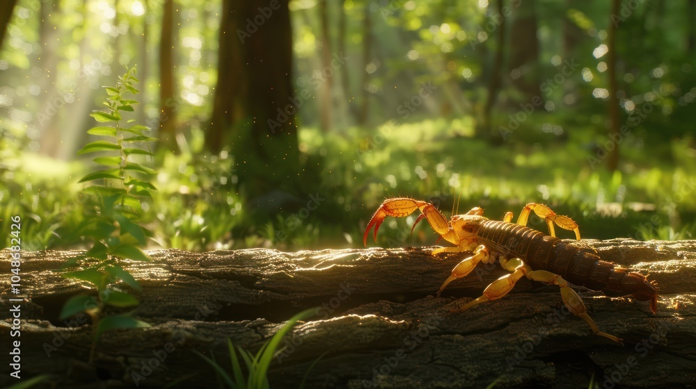 A Scorpion Resting on a Fallen Log in a Sun-Dappled Forest A Scorpion Resting on a Fallen Log in a Sun-Dappled Forest