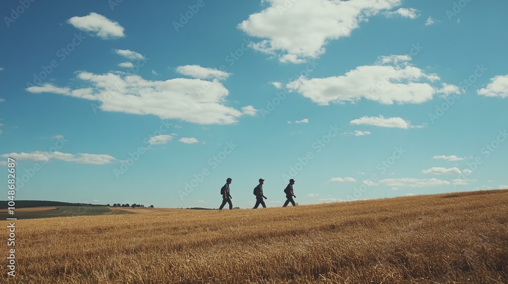 Farmers walking through a sunlit field during baling season, engaged in harvesting activities with bales of hay stacked in the background, illustrating the hard work and dedication of agricultural lif Farmers walking through a sunlit field during baling season, engaged in harvesting activities with bales of hay stacked in the background, illustrating the hard work and dedication of agricultural lif