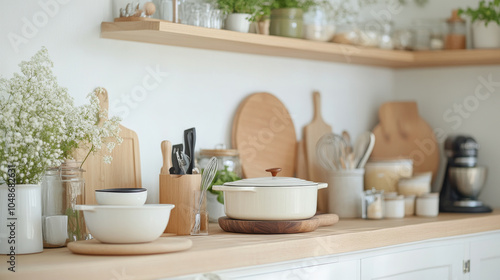 Wallpaper Mural A beautifully arranged kitchen countertop featuring wooden shelves, various kitchen utensils, and decorative plants. serene atmosphere invites creativity and warmth in cooking Torontodigital.ca
