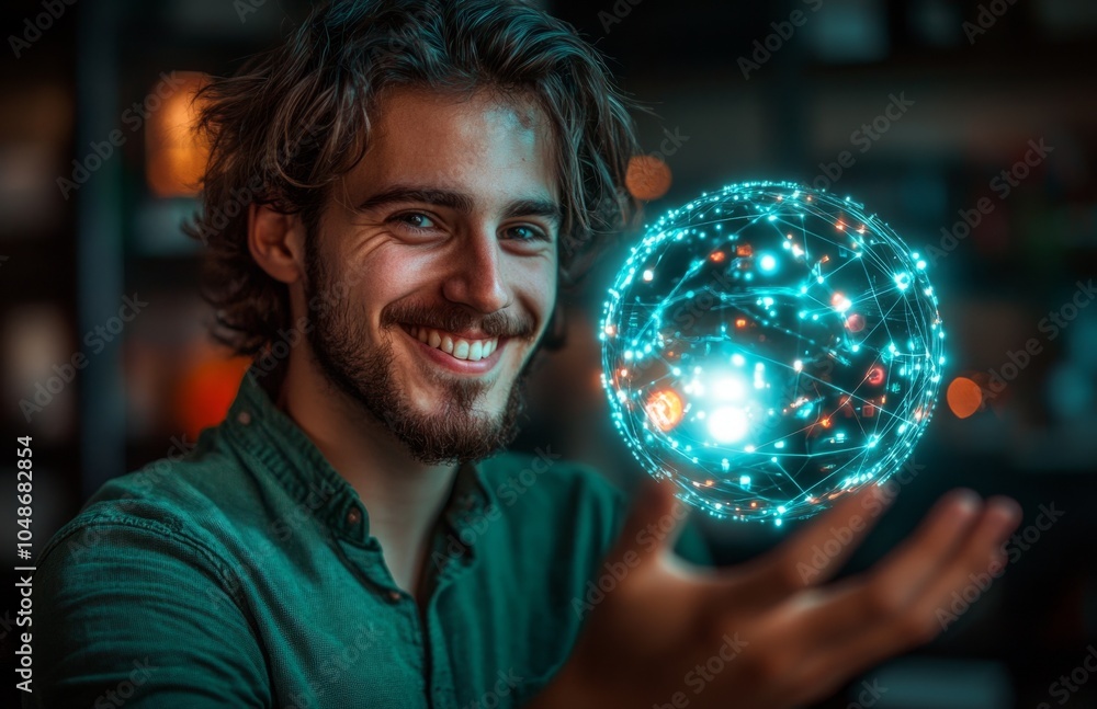 Naklejka premium Smiling Man Holding Futuristic Holographic Object in Green Shirt