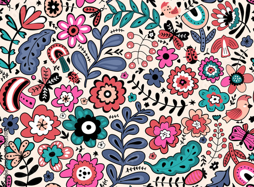 scandi folk art flowes botanicals seamless pattern in muted pastel colors on beige background seamless pattern
