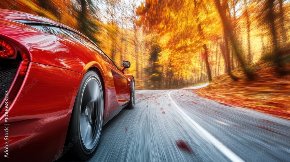 Fototapeta premium Luxurious sports car is speeding down a scenic forest road with colorful autumn foliage