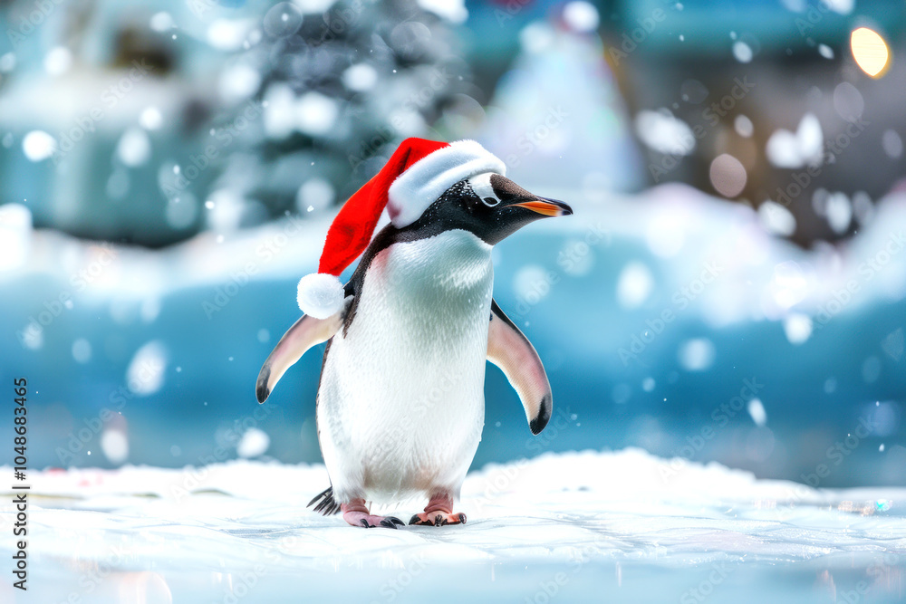 Fototapeta premium A penguin wearing a Santa hat stands on snowy ground. The scene is festive with snowflakes falling and a wintery background, creating a cheerful Christmas atmosphere
