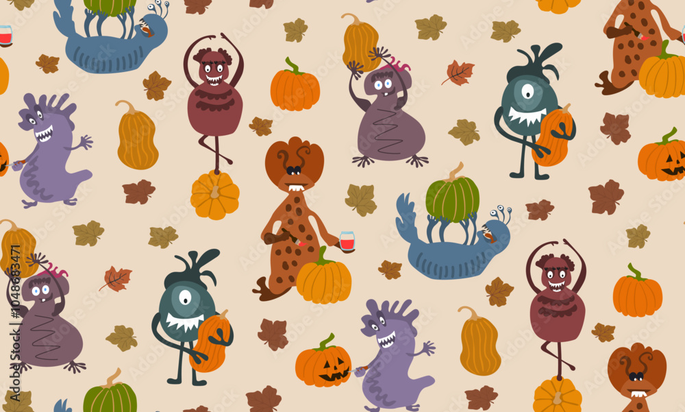 halloween cute funny monsters and pumpkins seamless pattern halloween cute funny monsters and pumpkins seamless pattern