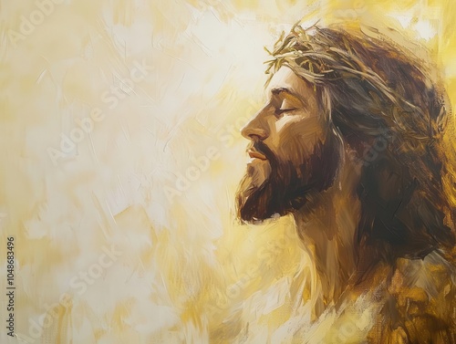 jesus christ depicted in a reverent oil painting, featuring serene expression and delicate brushwork, surrounded by soft, warm light that enhances the divine presence photo