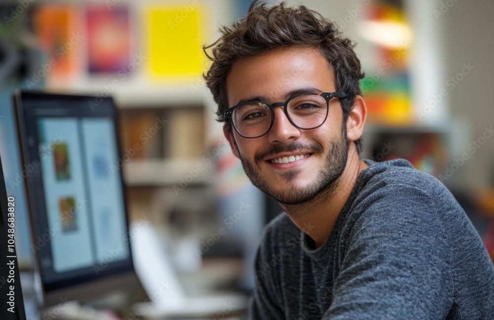 Smiling young man working on graphic design project at desk Smiling young man working on graphic design project at desk