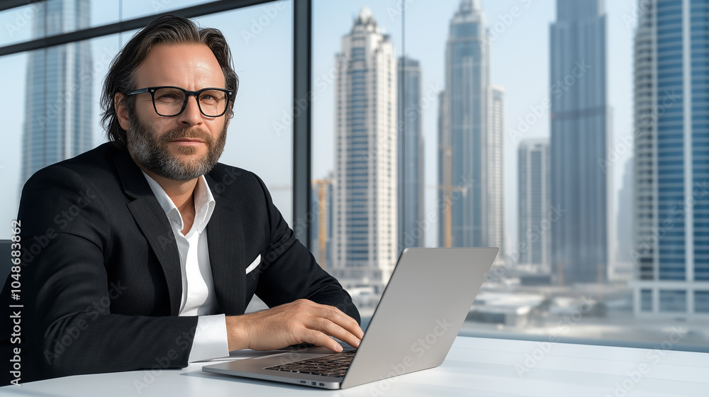 Businessman Using Laptop in Modern Office with Cityscape View Businessman Using Laptop in Modern Office with Cityscape View