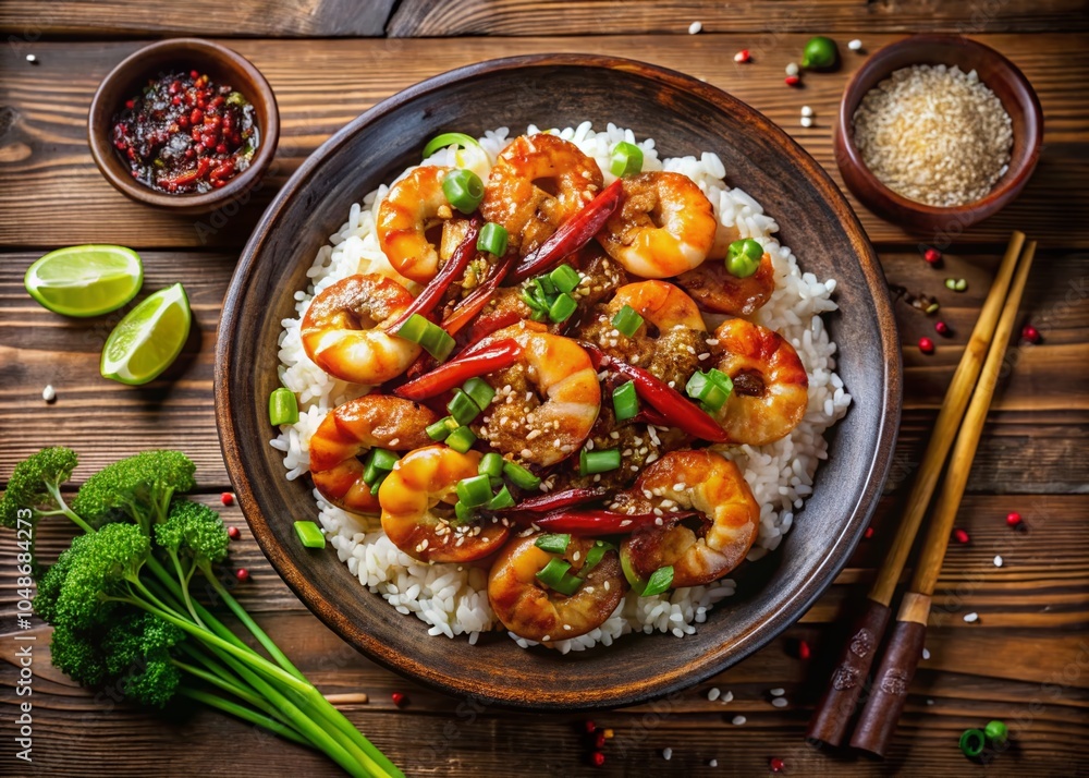 Teriyaki Shrimp Platter: A Delicious Top View of Savory Seafood Dish for Food Lovers and Culinary Enthusiasts Teriyaki Shrimp Platter: A Delicious Top View of Savory Seafood Dish for Food Lovers and Culinary Enthusiasts