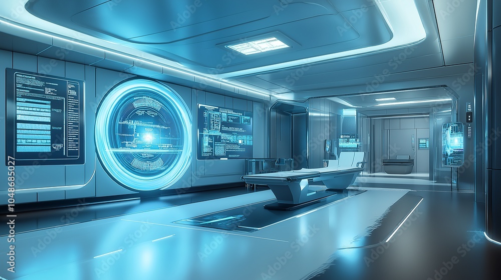 Obraz premium futuristic medical facility with holographic displays showing patient data