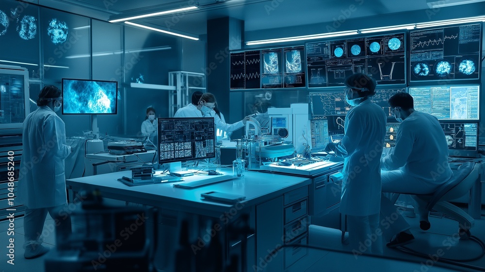medical researchers working in a high-tech laboratory, surrounded by advanced equipment medical researchers working in a high-tech laboratory, surrounded by advanced equipment