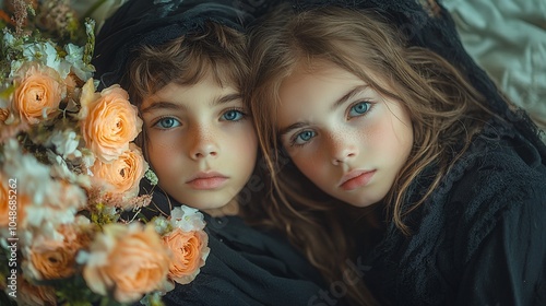 Wallpaper Mural Siblings in Mourning with Flowers Torontodigital.ca