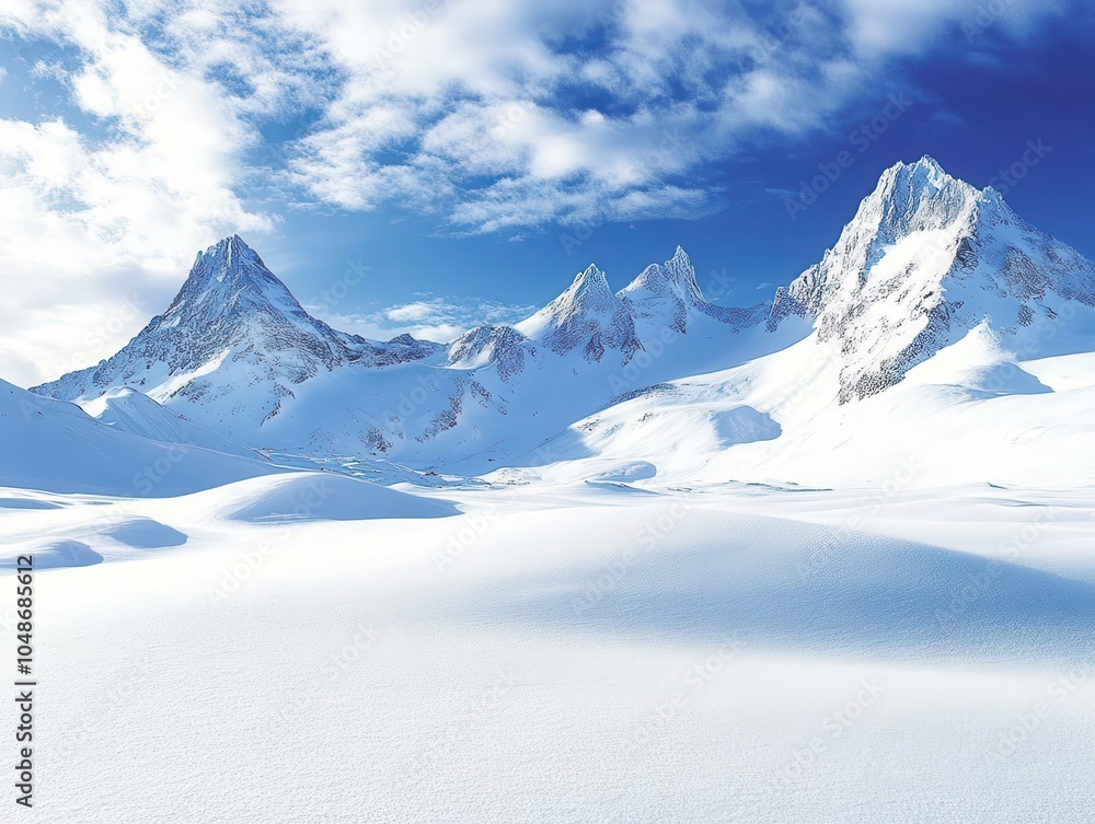 majestic view of rugged snow-capped mountains under a brilliant azure sky, evoking a sense of adventure and tranquility in a winter wonderland majestic view of rugged snow-capped mountains under a brilliant azure sky, evoking a sense of adventure and tranquility in a winter wonderland