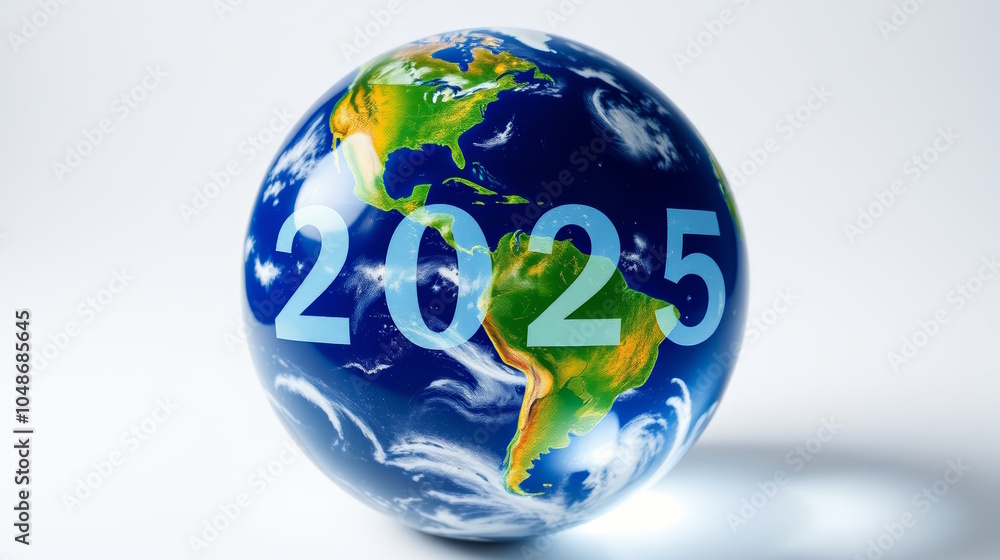 number 2025 on blue glass globe on white background number 2025 on blue glass globe on white background