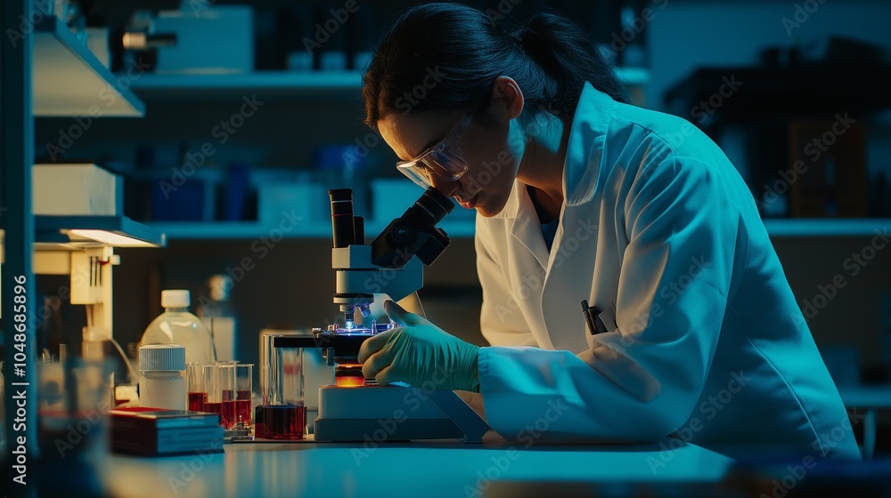 laboratory technician analyzing blood samples under a microscope, with the lab laboratory technician analyzing blood samples under a microscope, with the lab