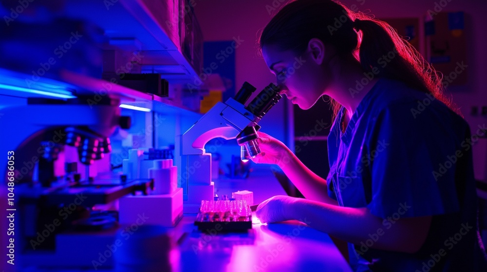 laboratory technician analyzing blood samples under a microscope, with the lab laboratory technician analyzing blood samples under a microscope, with the lab