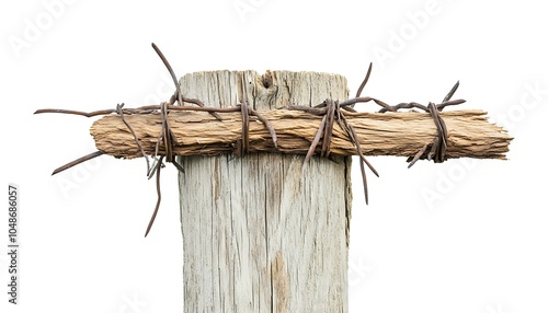 A wooden post topped with a bundle of twigs held by barbed wire.