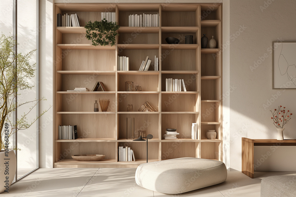 Wood shelves in modern, minimalistic study setting the stage for an elegant virtual conference backdrop Wood shelves in modern, minimalistic study setting the stage for an elegant virtual conference backdrop