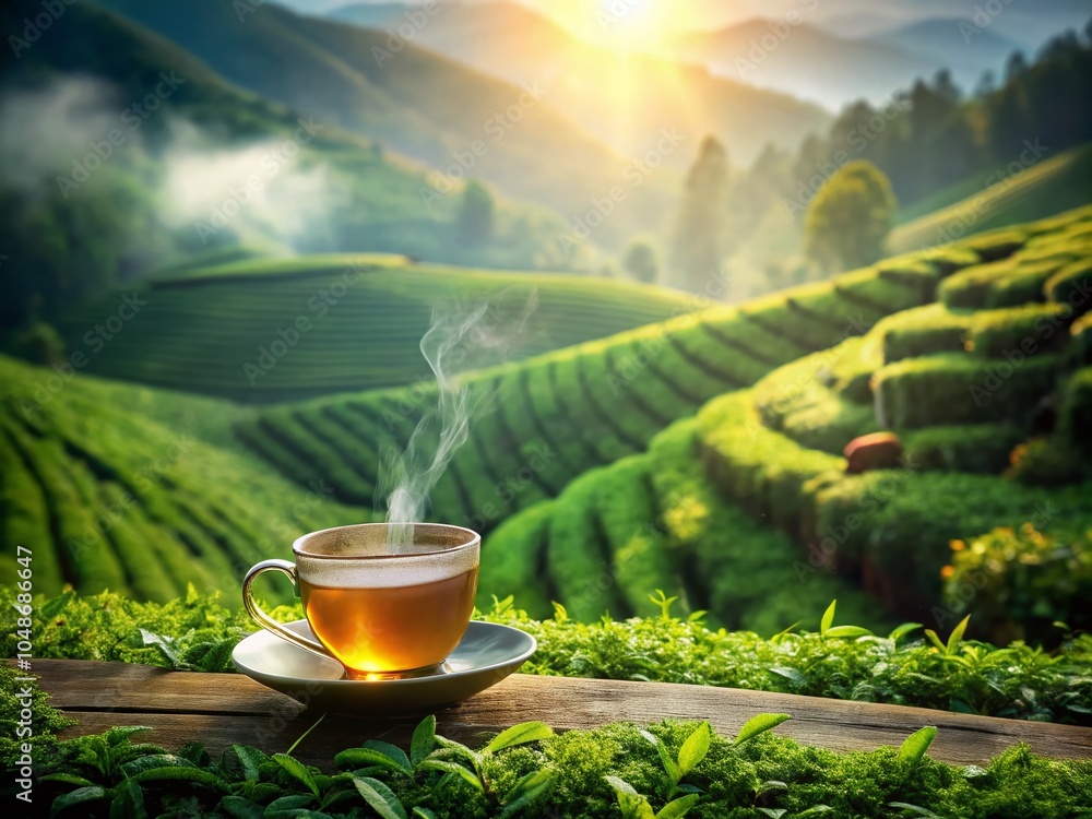 Tranquil Tea Experience Over Lush Green Plantations with Bokeh Effect Tranquil Tea Experience Over Lush Green Plantations with Bokeh Effect