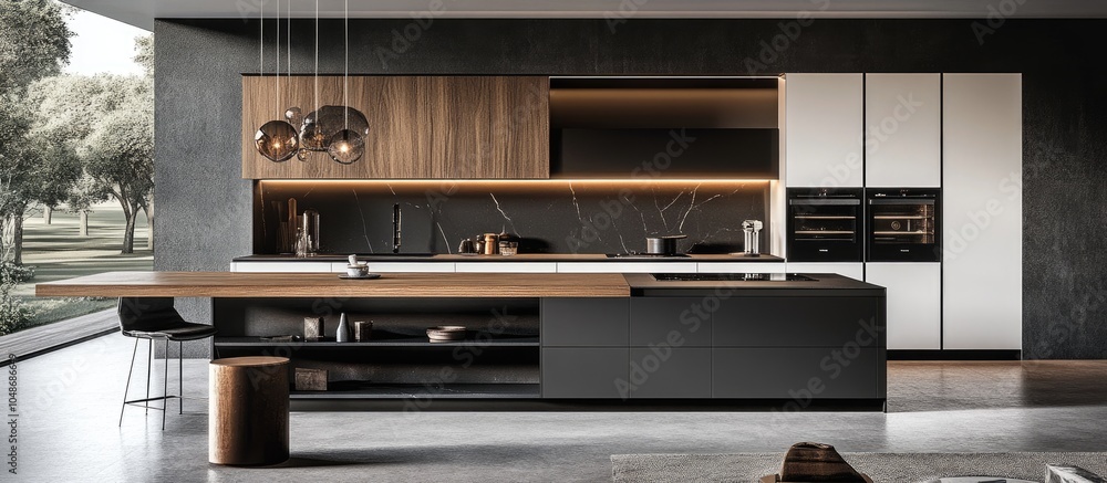 Modern kitchen with black and white cabinets, an island table in the center of which is placed on wood, next to it there are cooking utensils and pots and pans, behind them you can see wooden shelves Modern kitchen with black and white cabinets, an island table in the center of which is placed on wood, next to it there are cooking utensils and pots and pans, behind them you can see wooden shelves