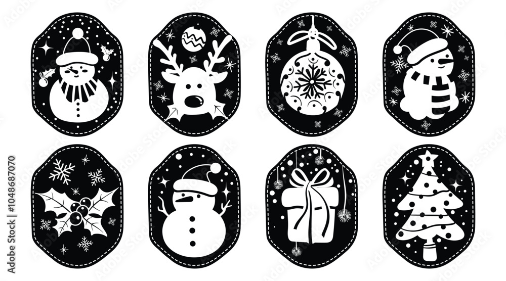 Set of isolated Christmas and New Year label in cute doodle style on transparent background. Volume 1 : Black silhouette. Set of isolated Christmas and New Year label in cute doodle style on transparent background. Volume 1 : Black silhouette.