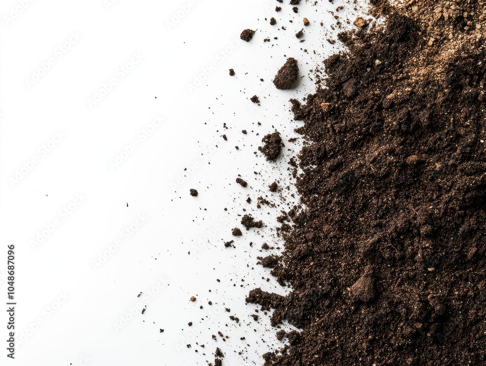 pile of soil scattered across a white background, showcasing texture and earthiness, the natural colors and details highlighting the raw beauty of the earth's elements pile of soil scattered across a white background, showcasing texture and earthiness, the natural colors and details highlighting the raw beauty of the earth's elements