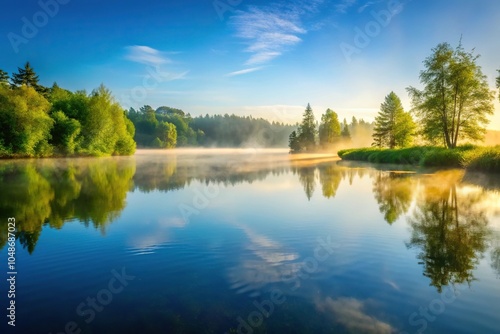 A serene lake on a warm summer morning with mist rising from the water surface, summer, morning, tranquility, lake