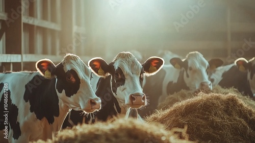 Group of dairy cows feeding on hay in a modern cowshed on a dairy farm, highlighting sustainable farming practices and nutritious fodder for livestock in agricultural setting photo